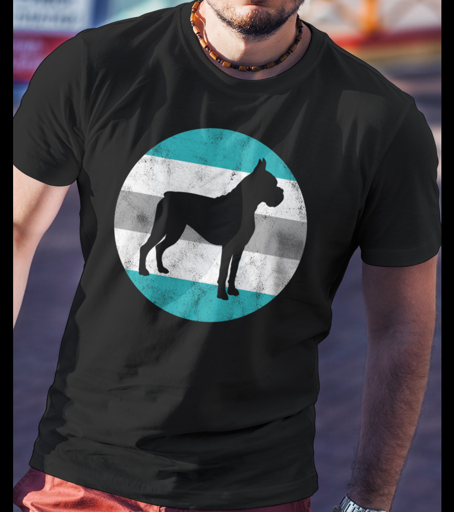 Boxer Dog Silhouette On Retro Striped Circle For Teens T-Shirt