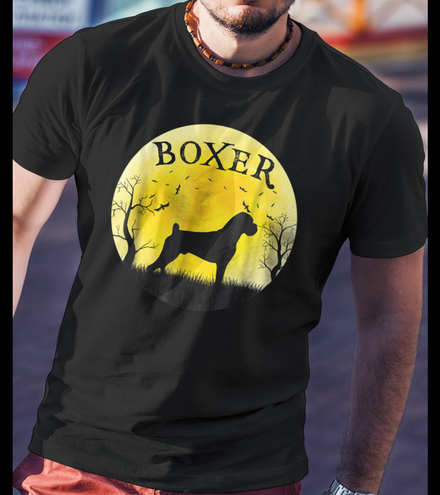 Boxer Dog Full Moon Halloween Bats Trees Vintage T-Shirt