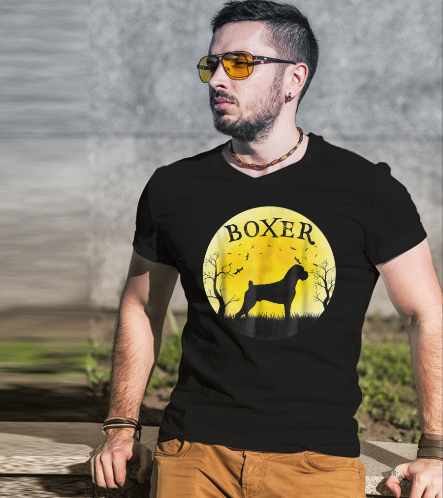 Boxer Dog Full Moon Halloween Bats Trees Vintage T-Shirt