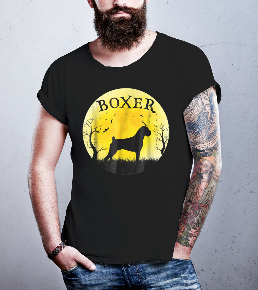 Boxer Dog Full Moon Halloween Bats Trees Vintage T-Shirt