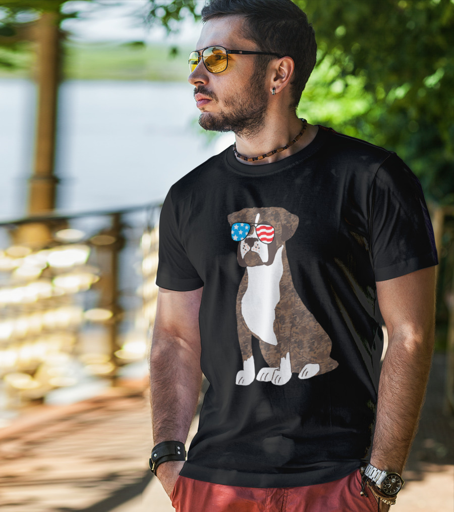 Patriotic Boxer Dog USA Flag Sunglasses Memorial Day T-Shirt