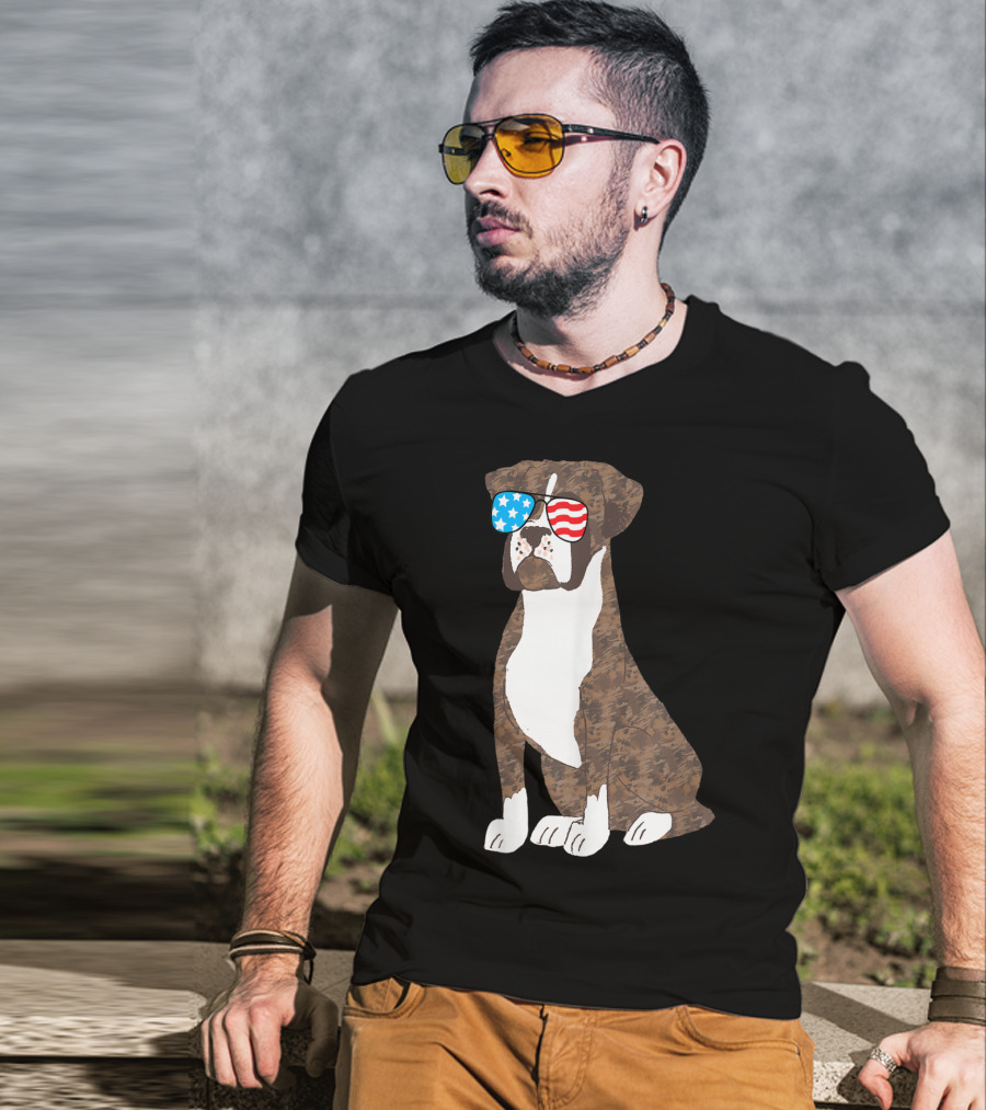 Patriotic Boxer Dog USA Flag Sunglasses Memorial Day T-Shirt