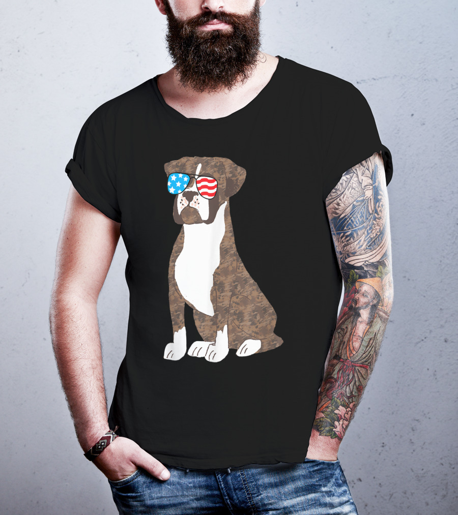 Patriotic Boxer Dog USA Flag Sunglasses Memorial Day T-Shirt