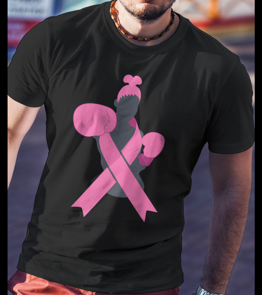 Boxer Supporting Breast Cancer Awareness With Pink Ribbon Boxing Gloves T-Shirt