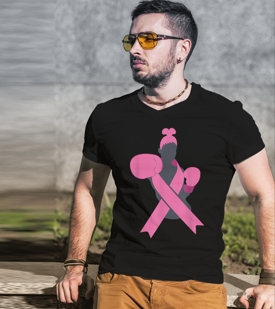 Boxer Supporting Breast Cancer Awareness With Pink Ribbon Boxing Gloves T-Shirt