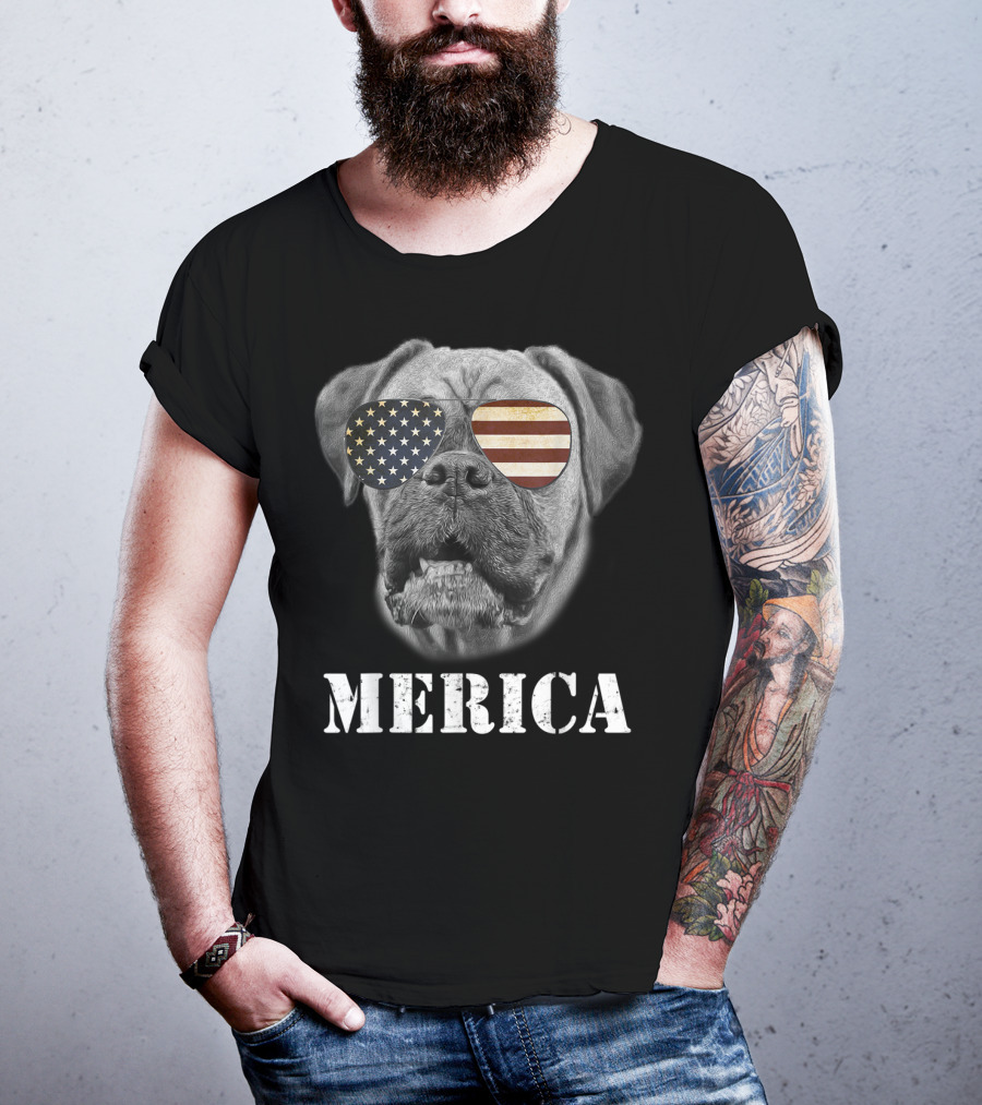 Merica Patriotic Boxer Dog With USA Flag Sunglasses T-Shirt
