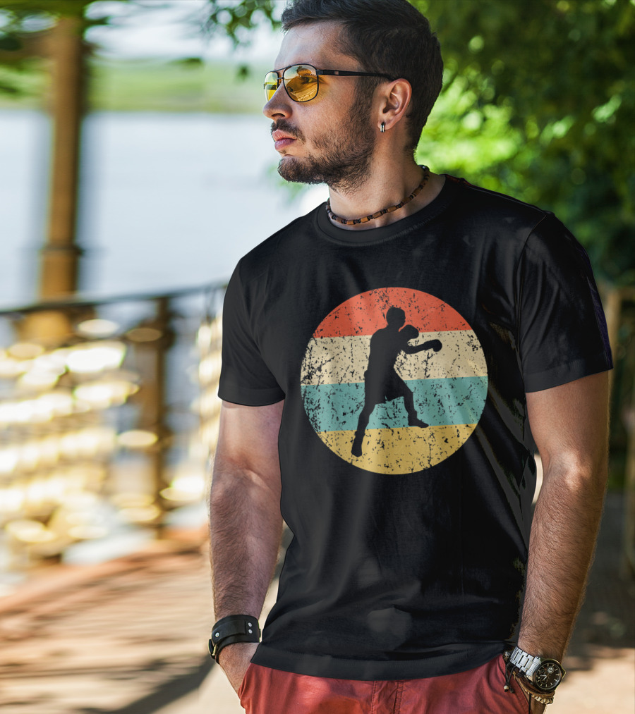 Boxing Vintage Boxer Silhouette Retro Circle Stripes T-Shirt