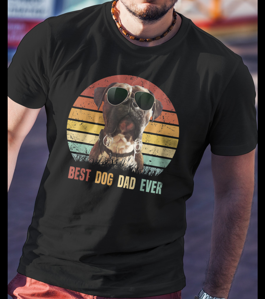 Mens Vintage Best Dog Dad Ever Boxer Dog Sunglasses Retro Sunburst T-Shirt