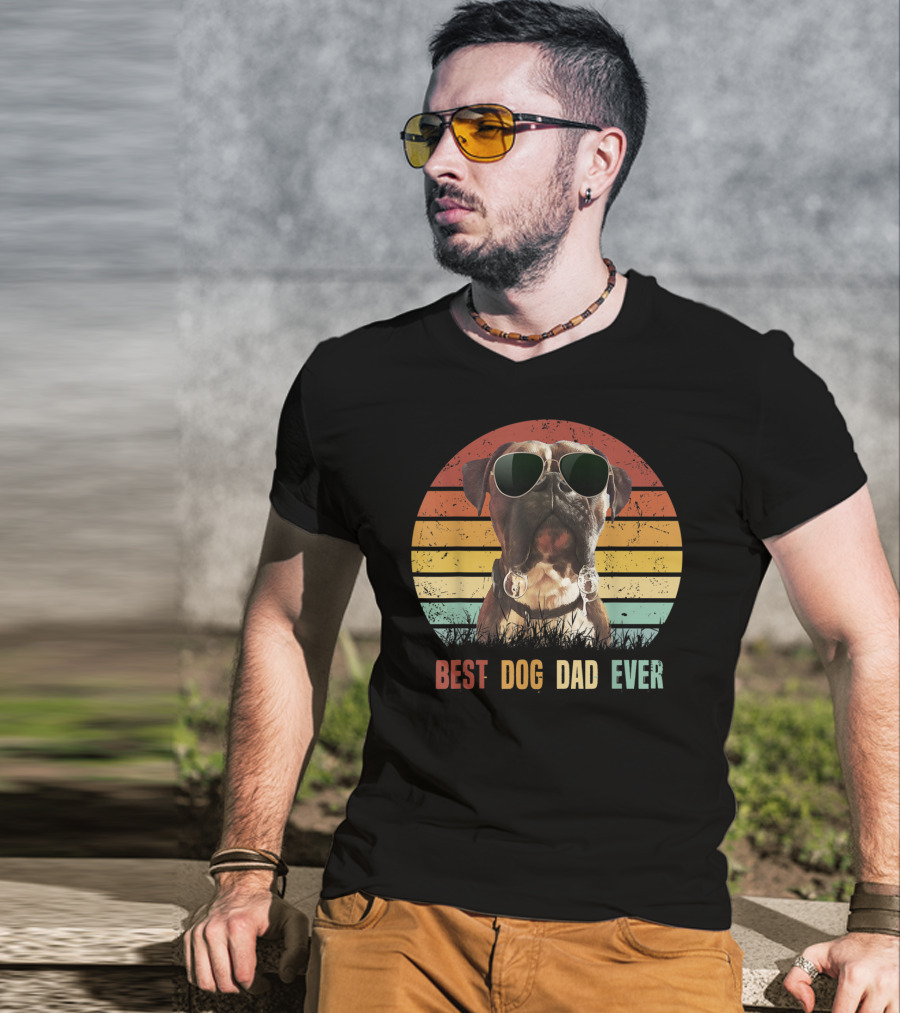 Mens Vintage Best Dog Dad Ever Boxer Dog Sunglasses Retro Sunburst T-Shirt