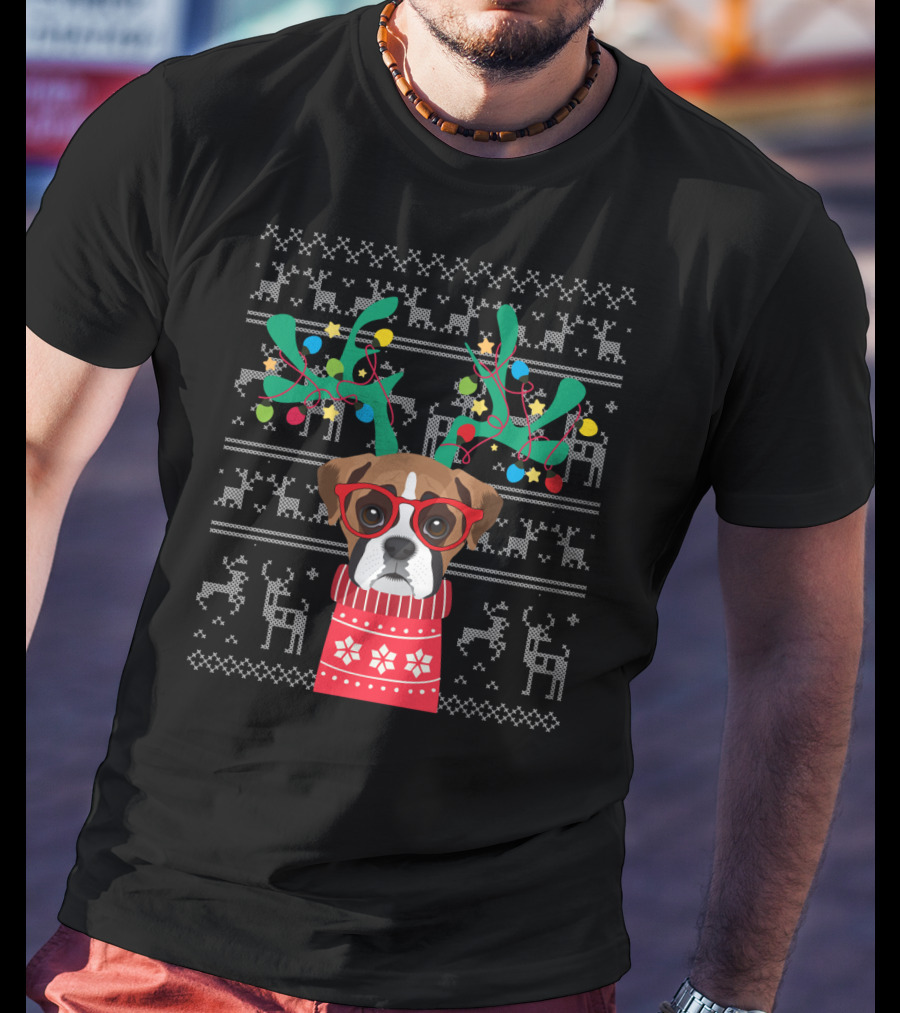 Swea Xmas Boxer Dog Reindeer Antlers Holiday Lights Ugly Christmas T-Shirt