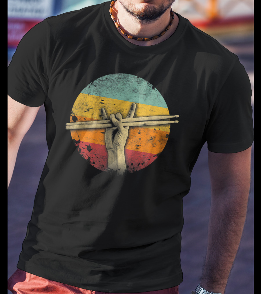Rock Drummer Hand Sign Drumsticks Percussion Lover Retro Circle T-Shirt