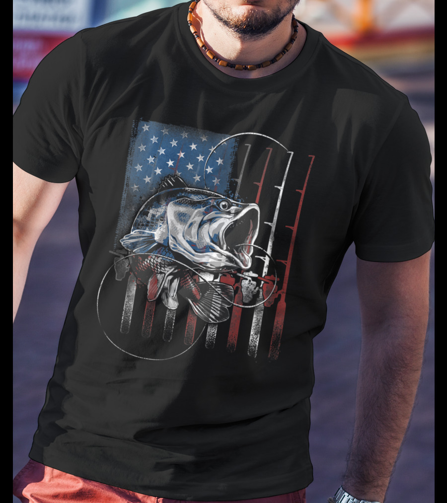 Fishing American Flag Vintage USA Bass Rods Stars Stripes T-Shirt