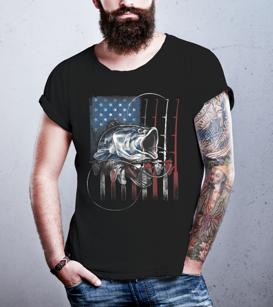 Fishing American Flag Vintage USA Bass Rods Stars Stripes T-Shirt