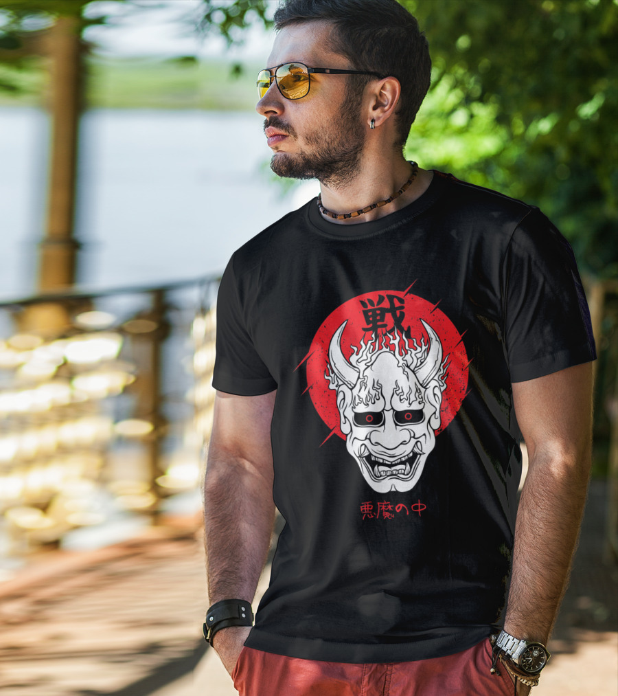 Aesthetic Japanese Devil Yokai Demon Oni Mask With Red Symbolic Background T-Shirt