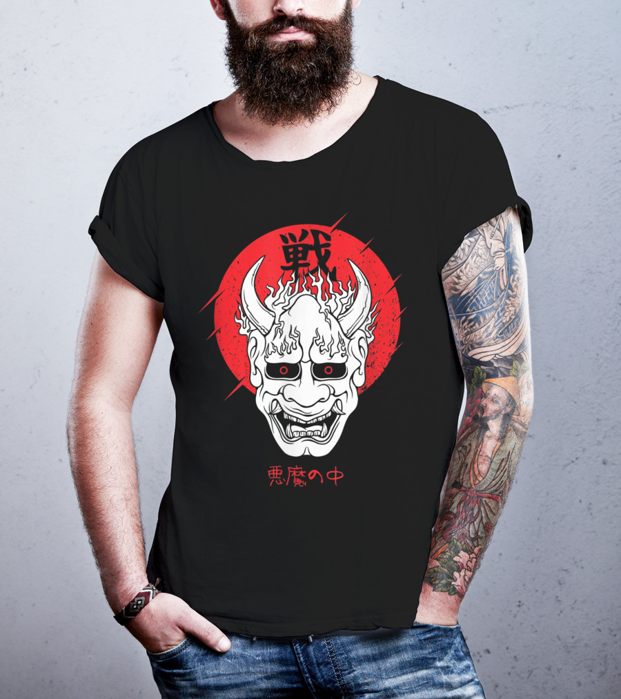 Aesthetic Japanese Devil Yokai Demon Oni Mask With Red Symbolic Background T-Shirt