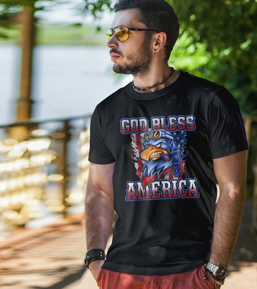 God Bless America Patriotic Eagle With American Flag Helmet And Goggles T-Shirt
