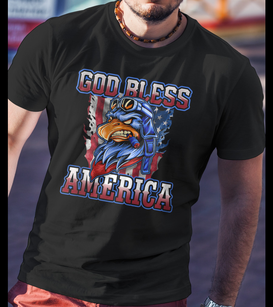 God Bless America Patriotic Eagle With American Flag Helmet And Goggles T-Shirt