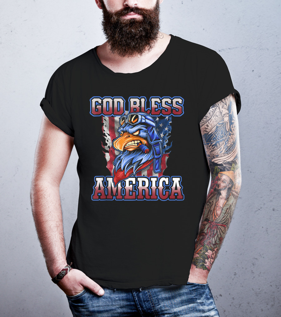 God Bless America Patriotic Eagle With American Flag Helmet And Goggles T-Shirt