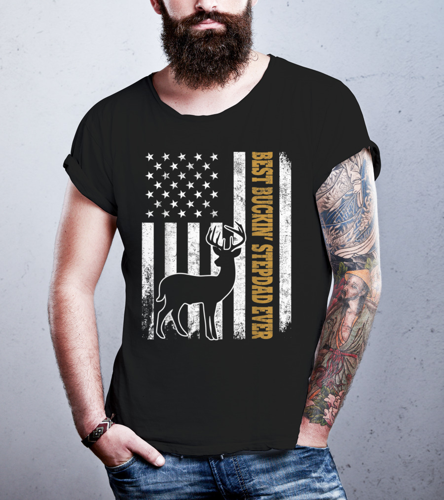 American Flag Best Buckin Stepdad Ever Deer T-Shirt