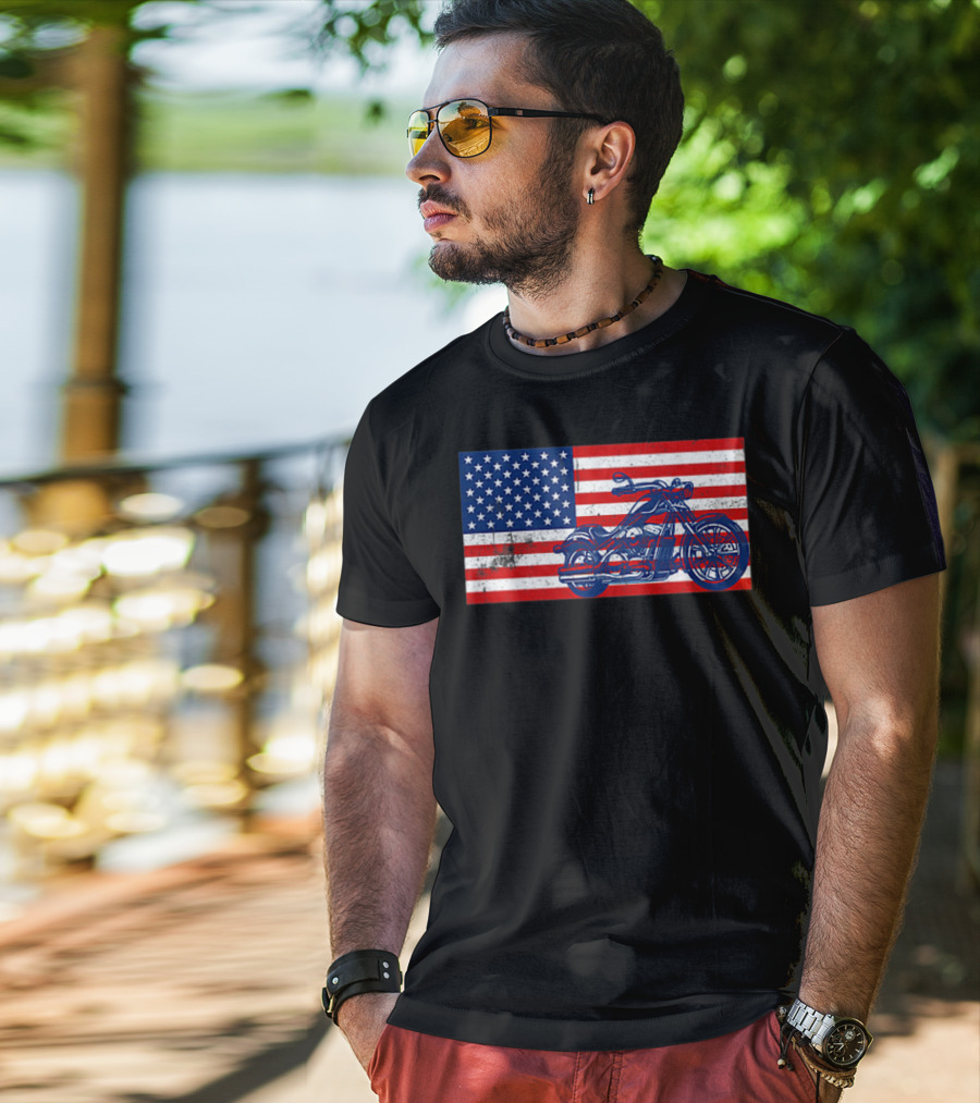 American Flag Motorcycle Stars And Stripes Pocket Motorcycl T-Shirt