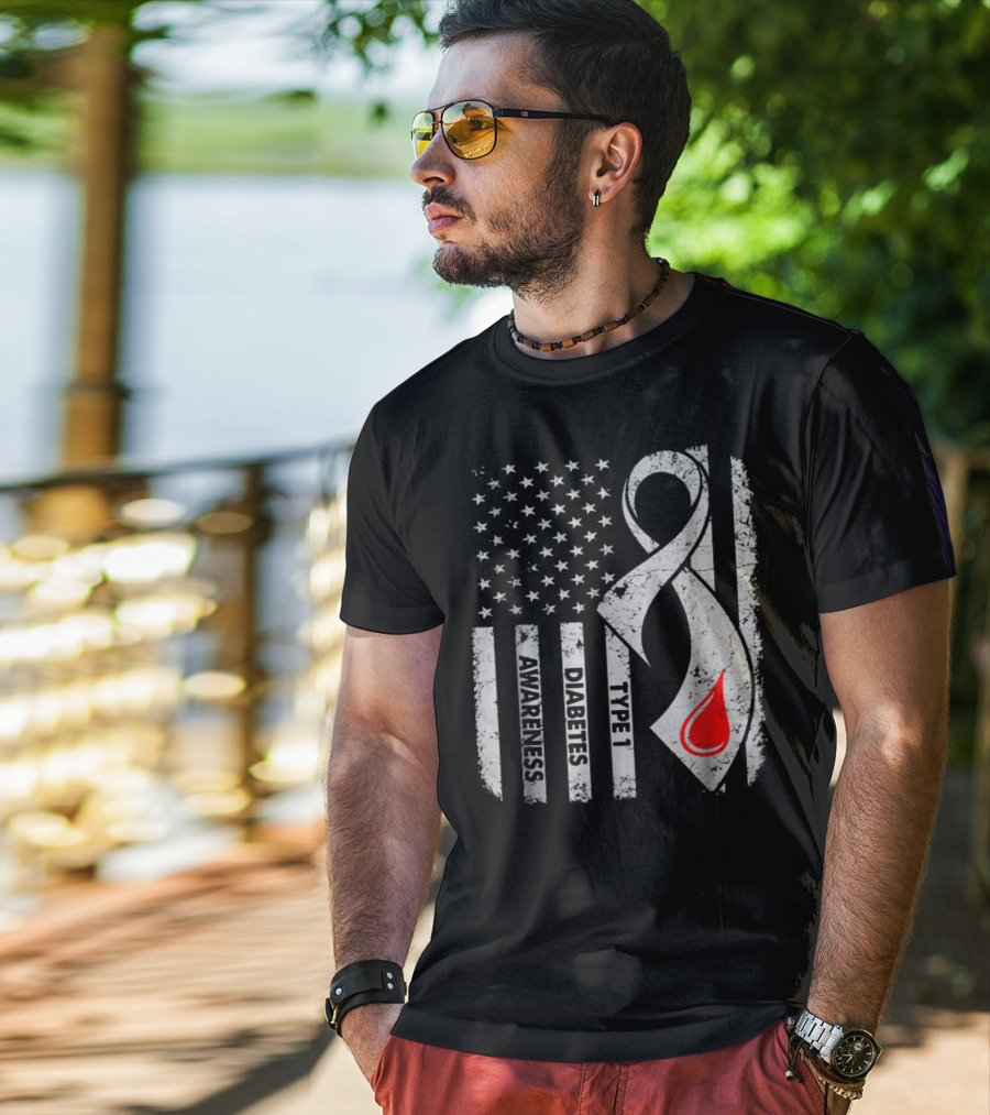 American Flag Type 1 Diabetes Awareness Ribbon With Blood Drop T-Shirt