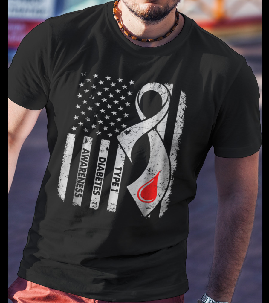 American Flag Type 1 Diabetes Awareness Ribbon With Blood Drop T-Shirt