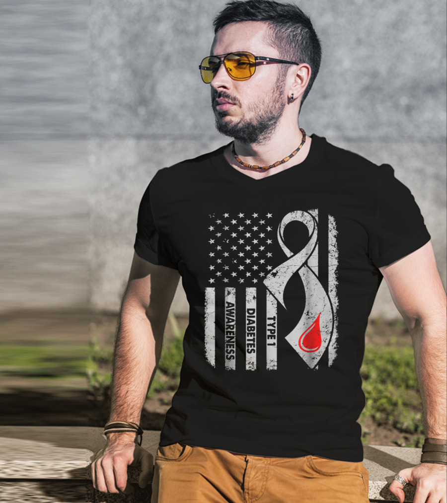 American Flag Type 1 Diabetes Awareness Ribbon With Blood Drop T-Shirt