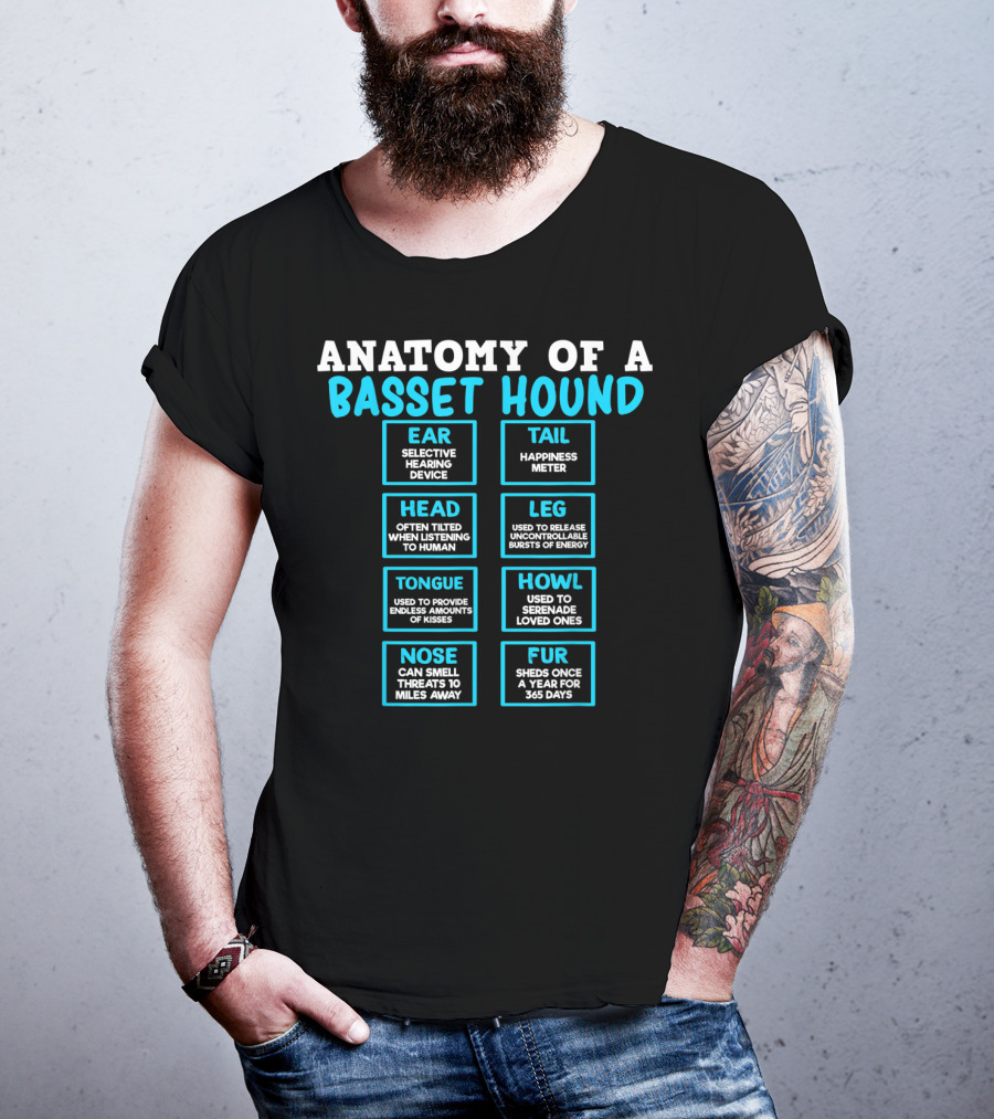 Anatomy Of A Basset Hound Ear Tail Head Leg Tongue Howl Nose Fur T-Shirt