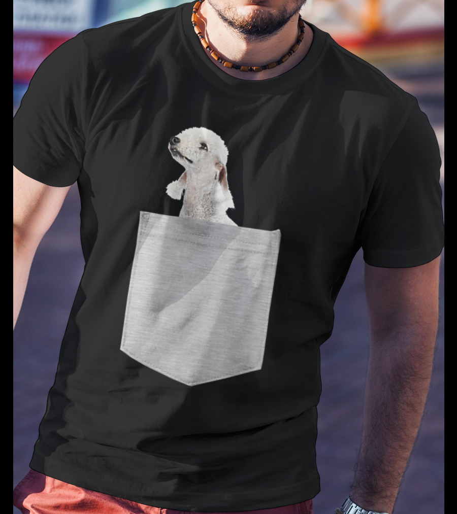 Bedlington Terrier Peeking From Gray Pocket T-Shirt