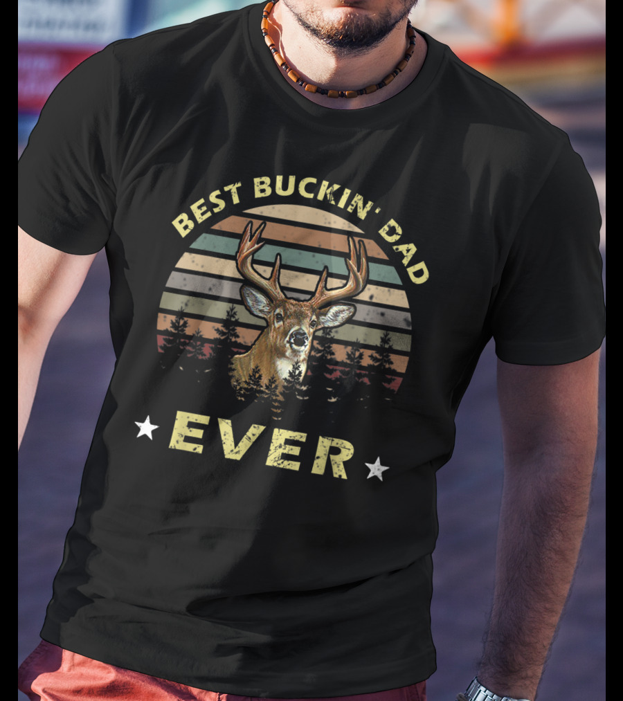 Best Buckin' Dad Ever Vintage Deer Retro Stripes Forest T-Shirt