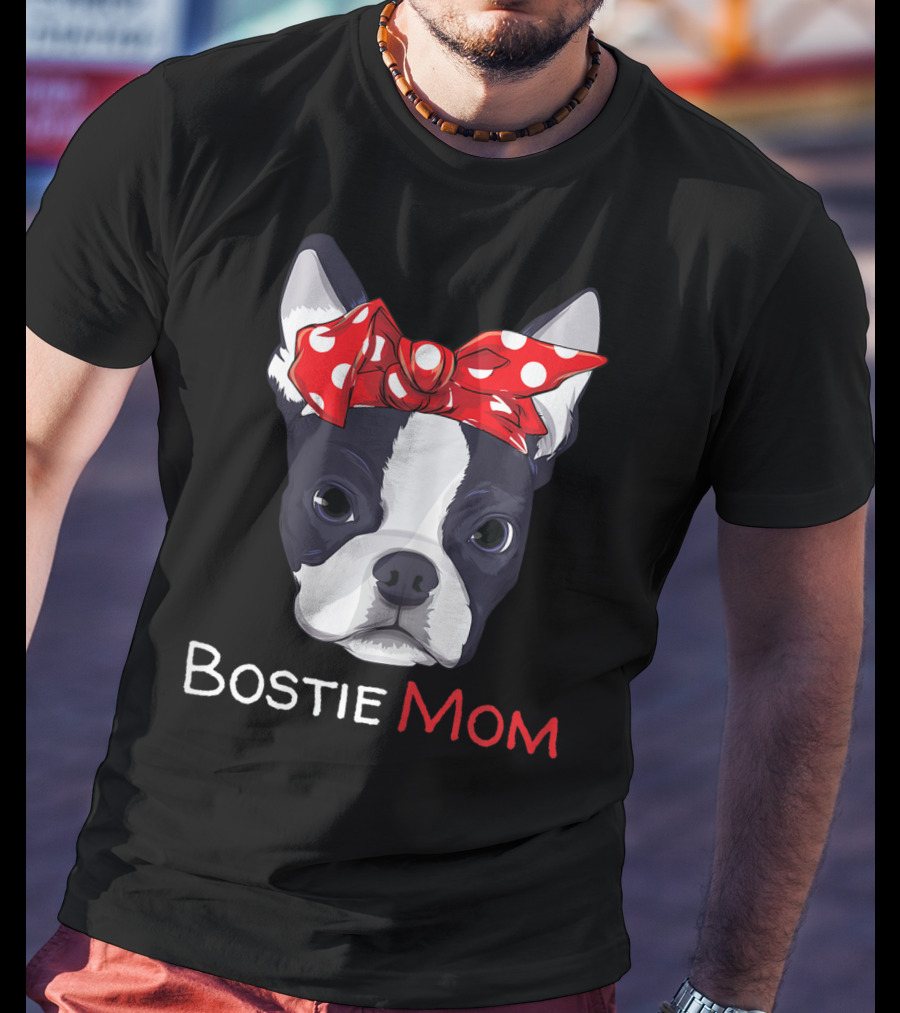 Bostie Mom Boston Terrier With Red Polka Dot Bow T-Shirt