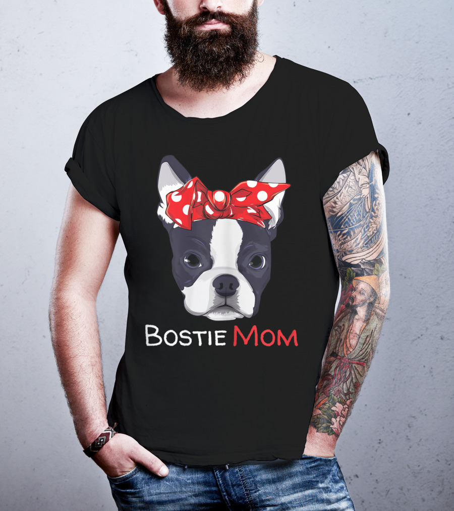 Bostie Mom Boston Terrier With Red Polka Dot Bow T-Shirt