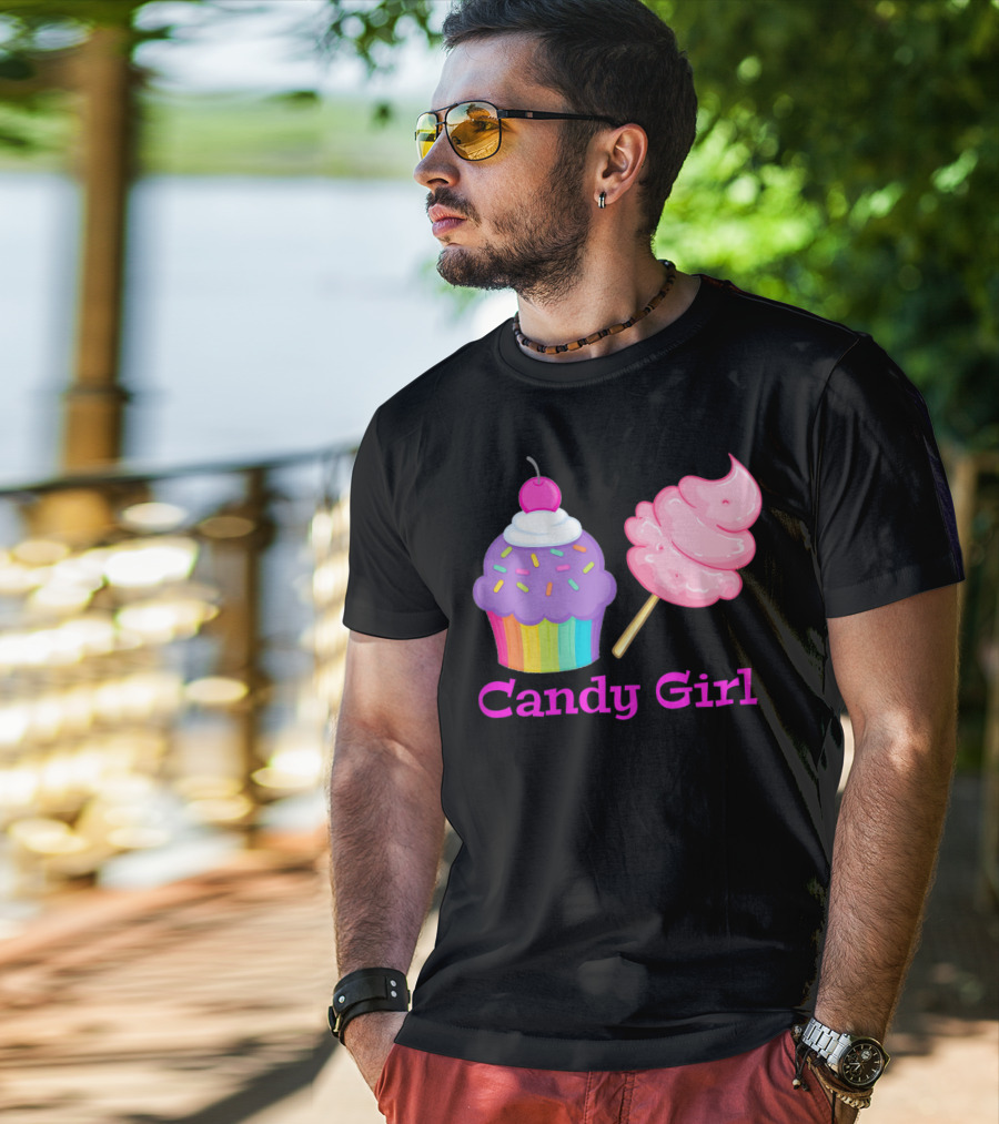 Candy Girl Cupcake And Cotton Candy Rainbow Sprinkles Cherry Top And Pink Swirl T-Shirt