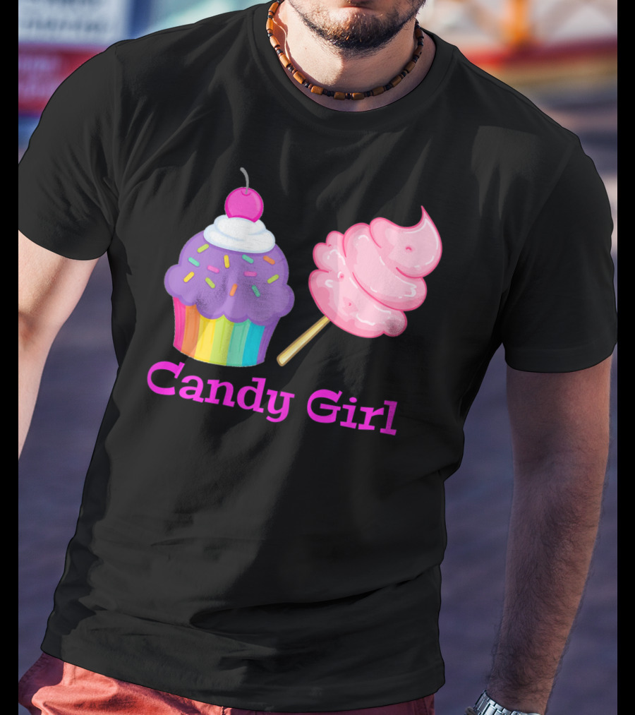 Candy Girl Cupcake And Cotton Candy Rainbow Sprinkles Cherry Top And Pink Swirl T-Shirt