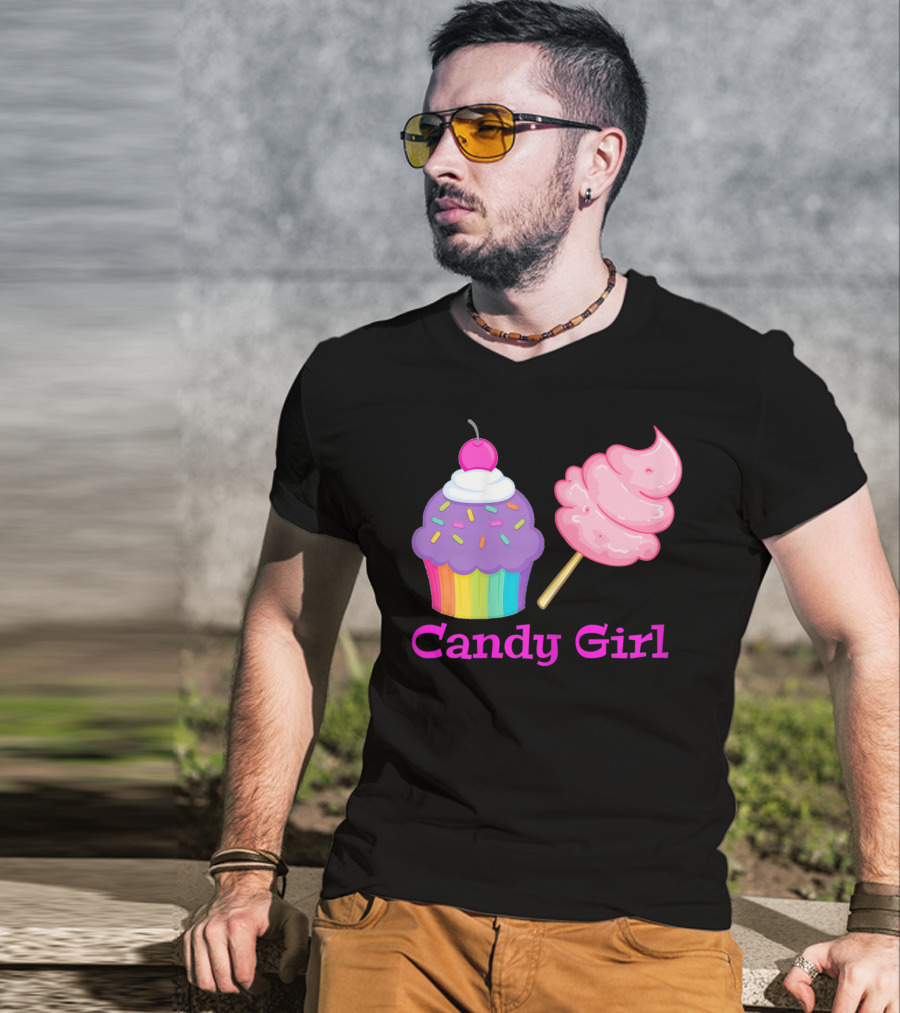 Candy Girl Cupcake And Cotton Candy Rainbow Sprinkles Cherry Top And Pink Swirl T-Shirt