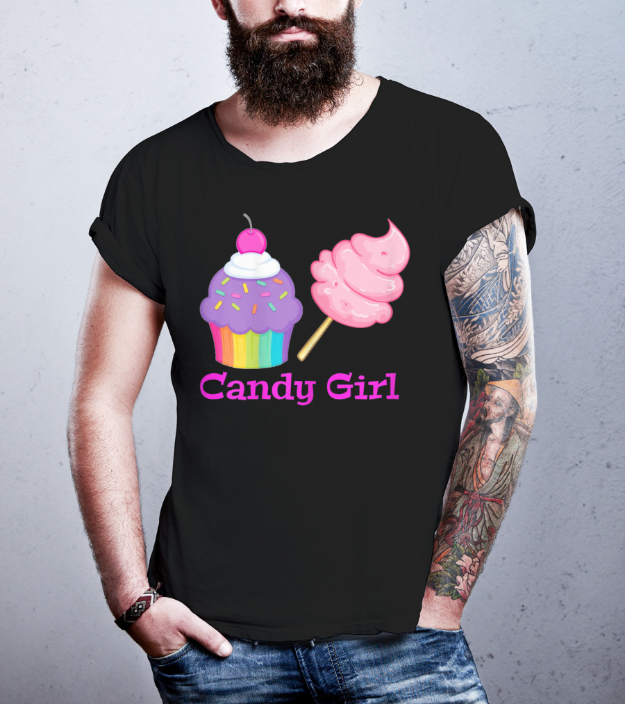 Candy Girl Cupcake And Cotton Candy Rainbow Sprinkles Cherry Top And Pink Swirl T-Shirt