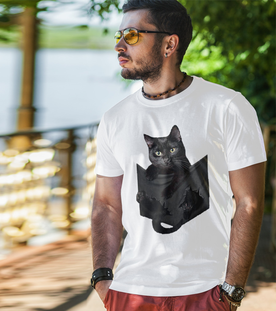 Cat In Pocket Black Cat Inside Pocket Bac Playful T-Shirt