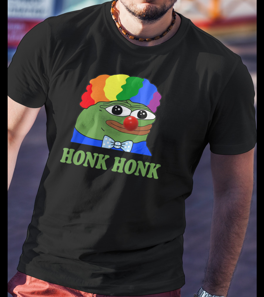 Clown Pepe Honk Honk HONKLER Meme Rainbow Wig Red Nose Bowtie T-Shirt