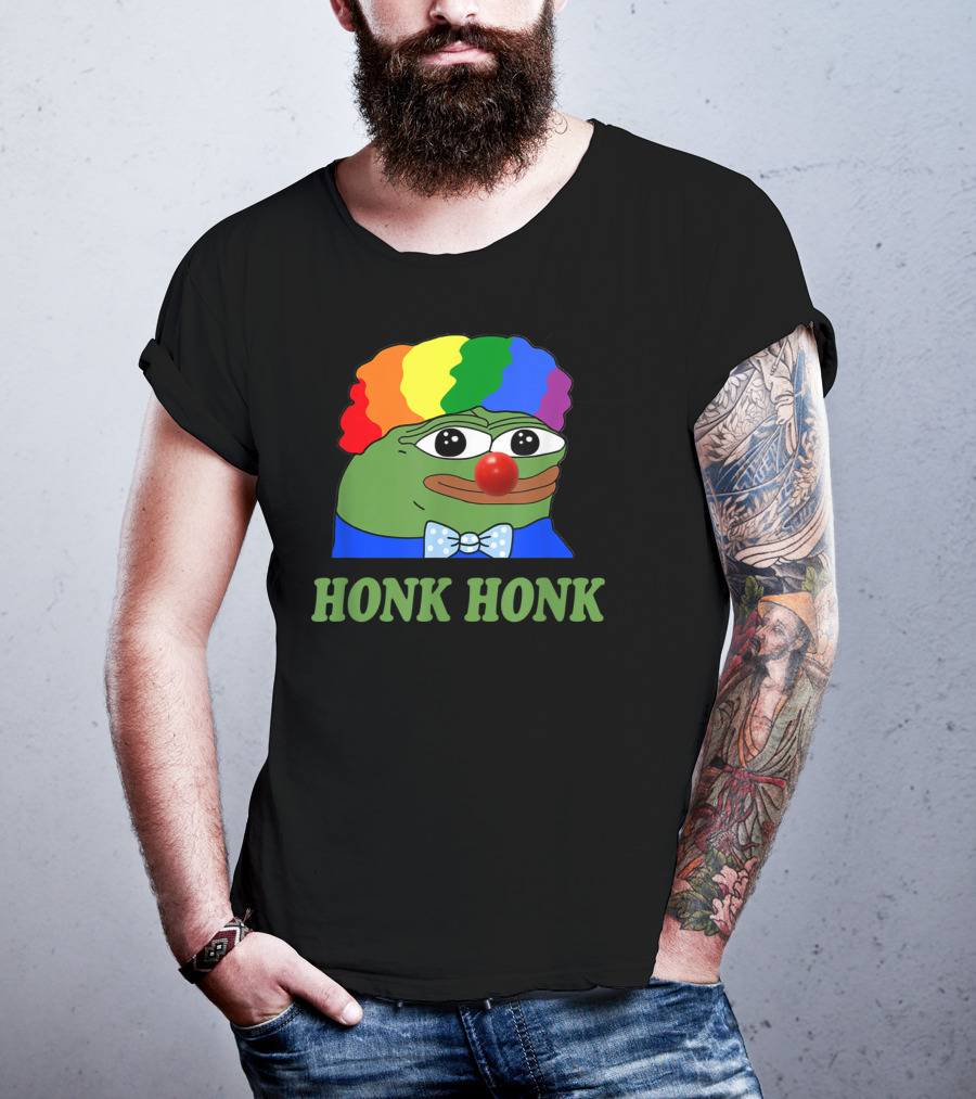 Clown Pepe Honk Honk HONKLER Meme Rainbow Wig Red Nose Bowtie T-Shirt