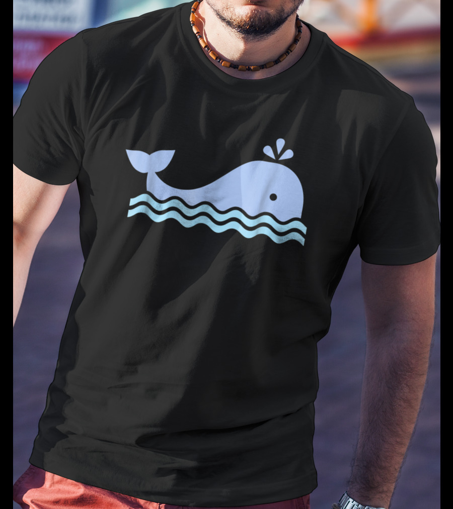 Cute Blue Whale Cartoon With Waves And Water Spout T-Shirt