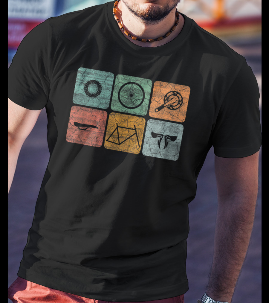 Cycling Classic Bicycle Parts Vintage Style Gear Frame Wheel Chainring Saddle Handlebars T-Shirt