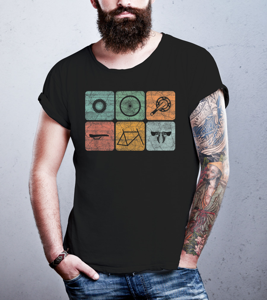 Cycling Classic Bicycle Parts Vintage Style Gear Frame Wheel Chainring Saddle Handlebars T-Shirt