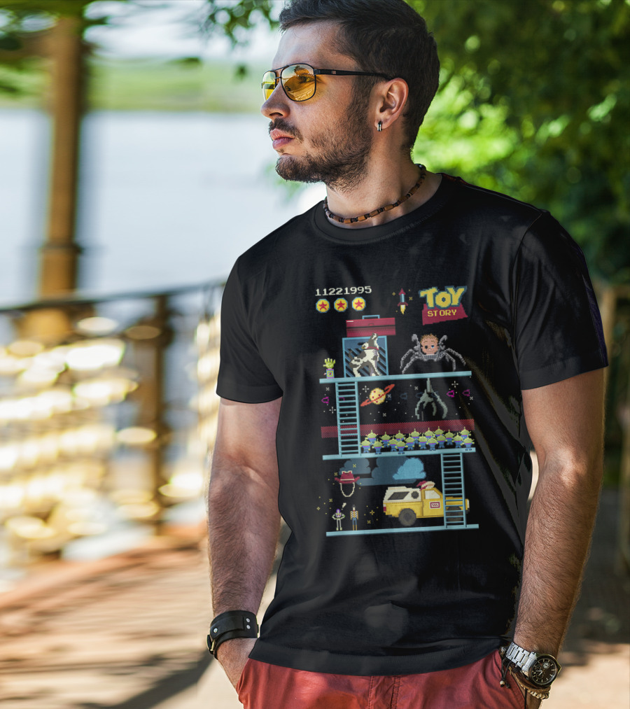 Toy Story 8 Bit Video Game Scene With Retro Pixel Art Adventure T-Shirt