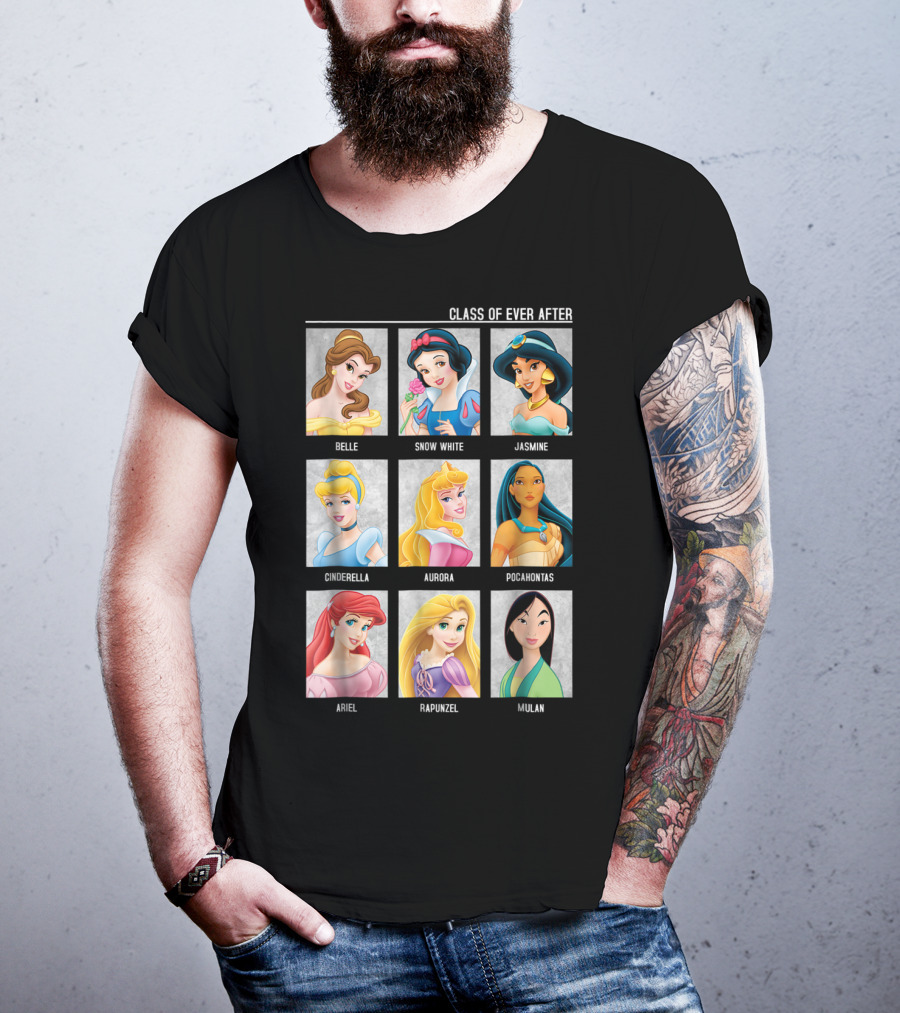 Disney Princesses Class Of Ever After Belle Snow White Jasmine Cinderella Aurora Pocahontas Ariel Rapunzel Mulan T-Shirt