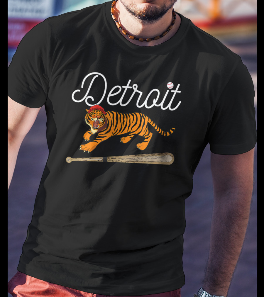 Detroit Distressed Funny Tiger Mascot With Baseball Bat T-Shirt