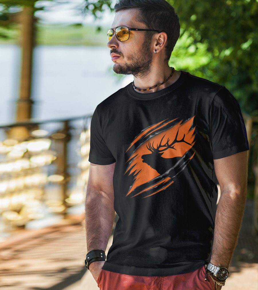 Elk Hunting Silhouette With Tear Marks On Orange T-Shirt