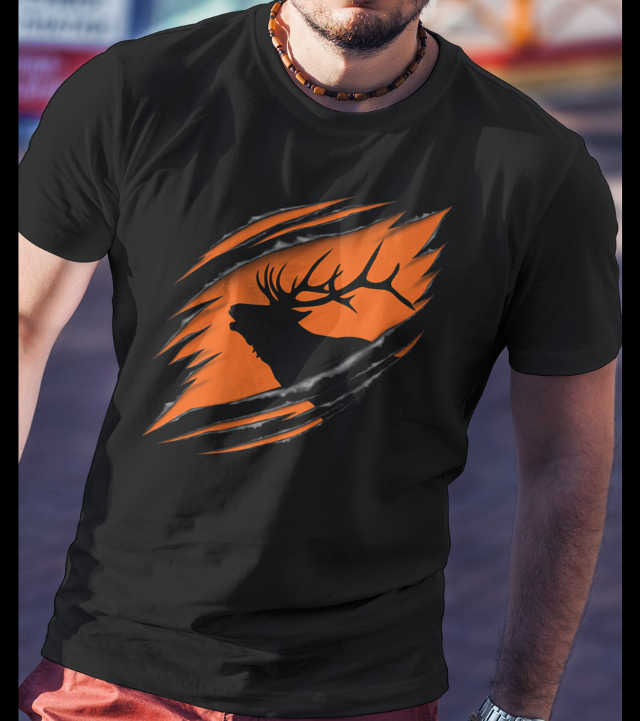 Elk Hunting Silhouette With Tear Marks On Orange T-Shirt