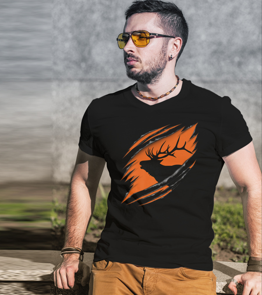 Elk Hunting Silhouette With Tear Marks On Orange T-Shirt