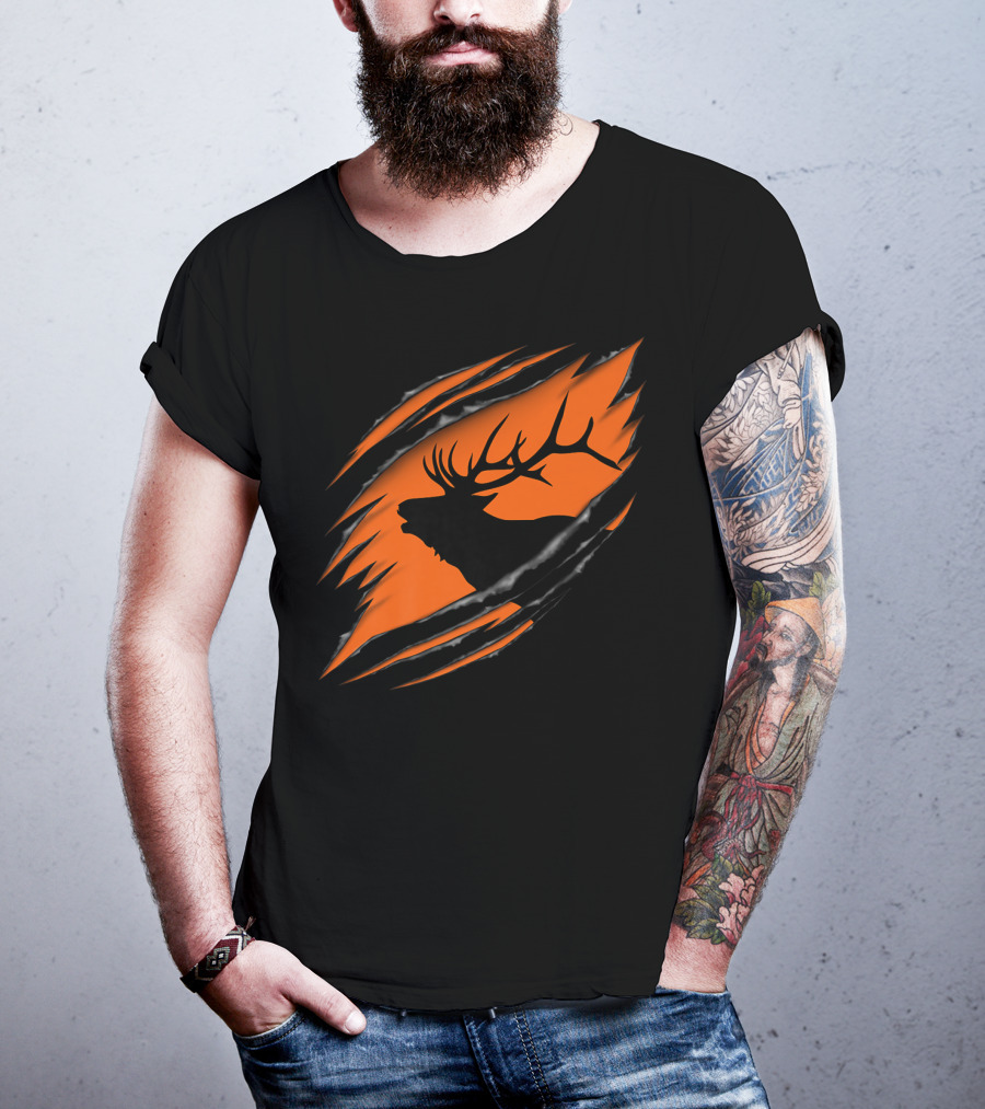 Elk Hunting Silhouette With Tear Marks On Orange T-Shirt