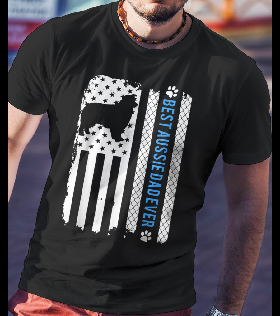 Best Aussie Dad Ever American Flag Dog Silhouette And Paw Prints T-Shirt